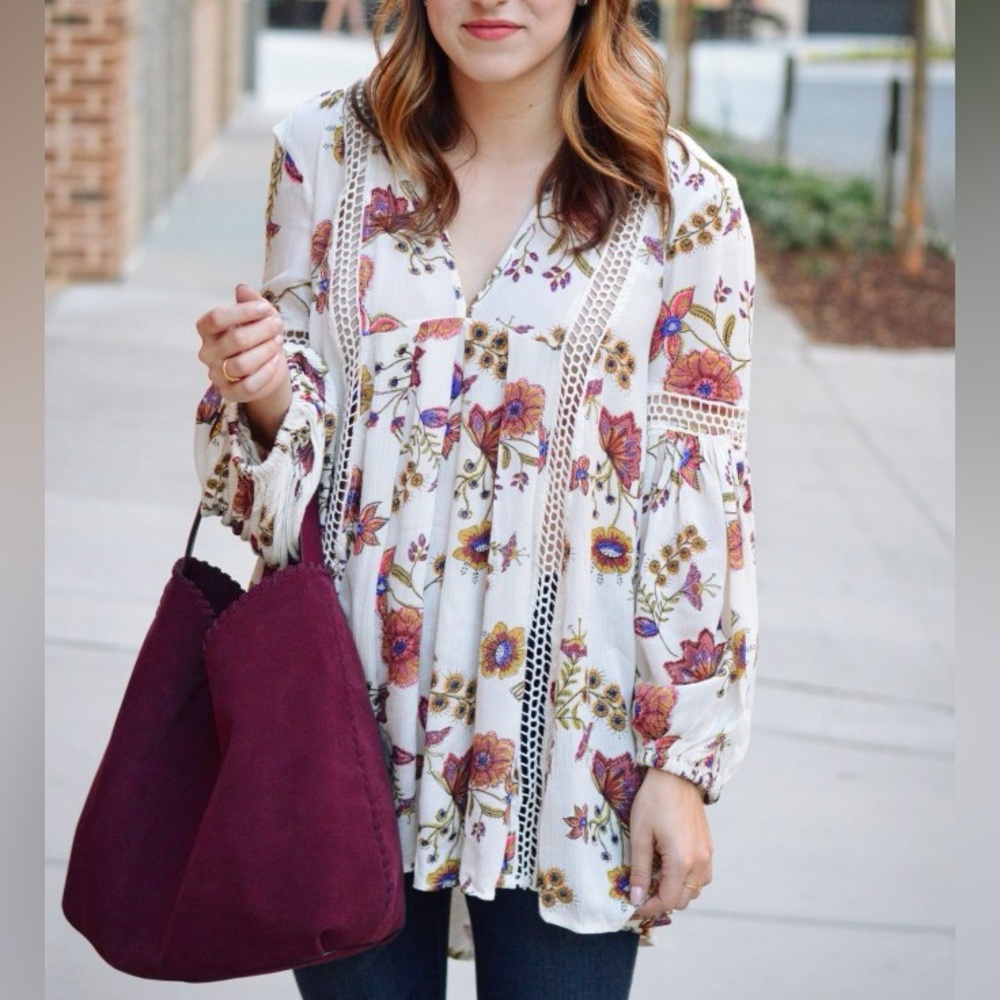 Floral Boho Blouse tunic free people size medium short dress Crochet Details - Picture 2 of 11